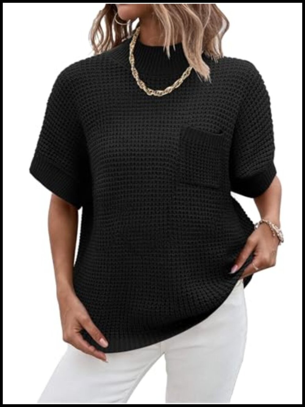 Women's Mock Neck Oversized Sweater Vest Batwing Short Sleeve Ribbed Knit